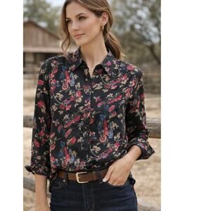 Chaps Black Floral Western Button Up Blouse Stretch Soft Large